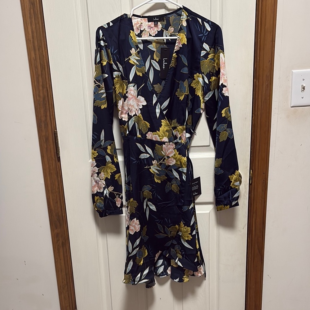 Lulu's Black Floral Long Sleeve Wrap Dress